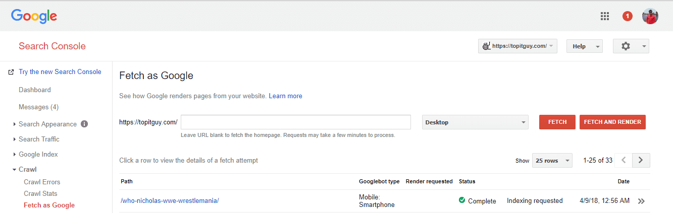 fetch as google tool for fast indexing