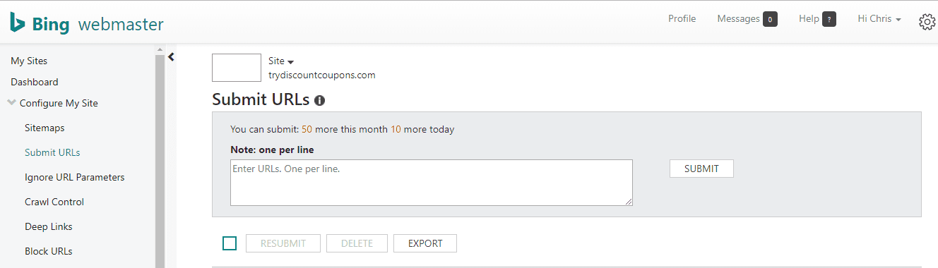 bing submit url for indexing